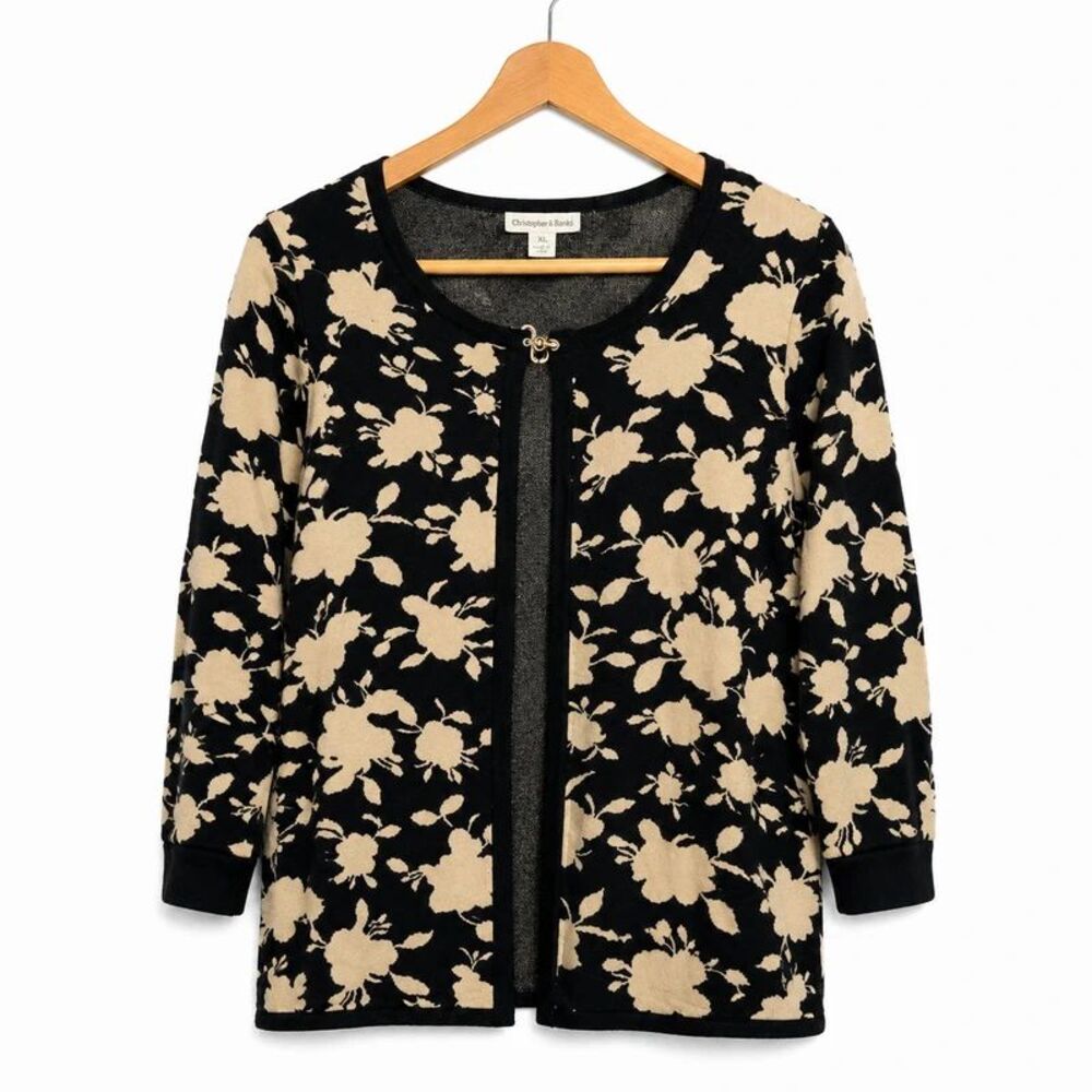 Coldwater Creek Womens Black Tan Floral Cardigan 8 Sweater Quiet Luxury Coastal
